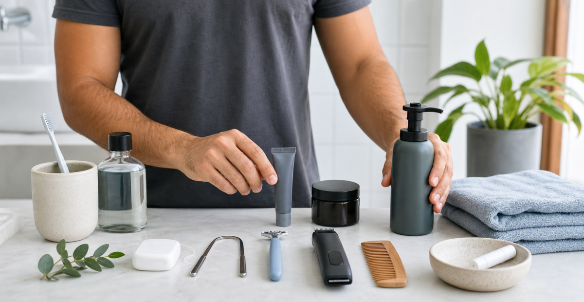 Herramientas y productos de higiene masculina para una rutina diaria.