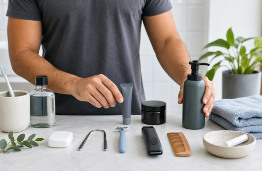 Herramientas y productos de higiene masculina para una rutina diaria.
