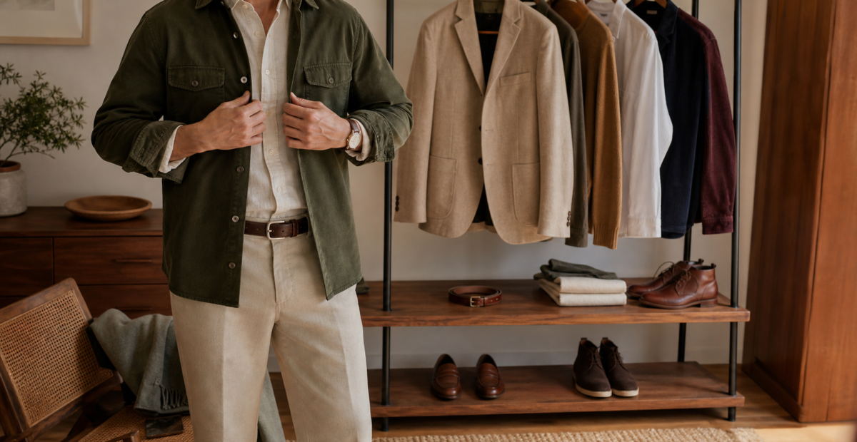 atuendo masculino casual con prendas de textura y calzado clásico en un guardarropa.