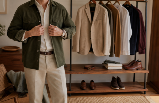 atuendo masculino casual con prendas de textura y calzado clásico en un guardarropa.