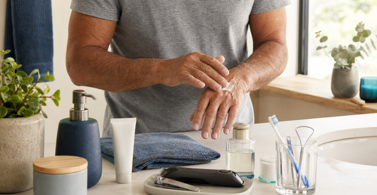 Productos de higiene y cuidado personal para un hombre adulto mayor.