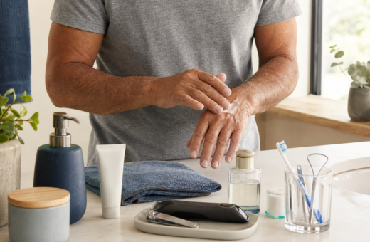 Productos de higiene y cuidado personal para un hombre adulto mayor.