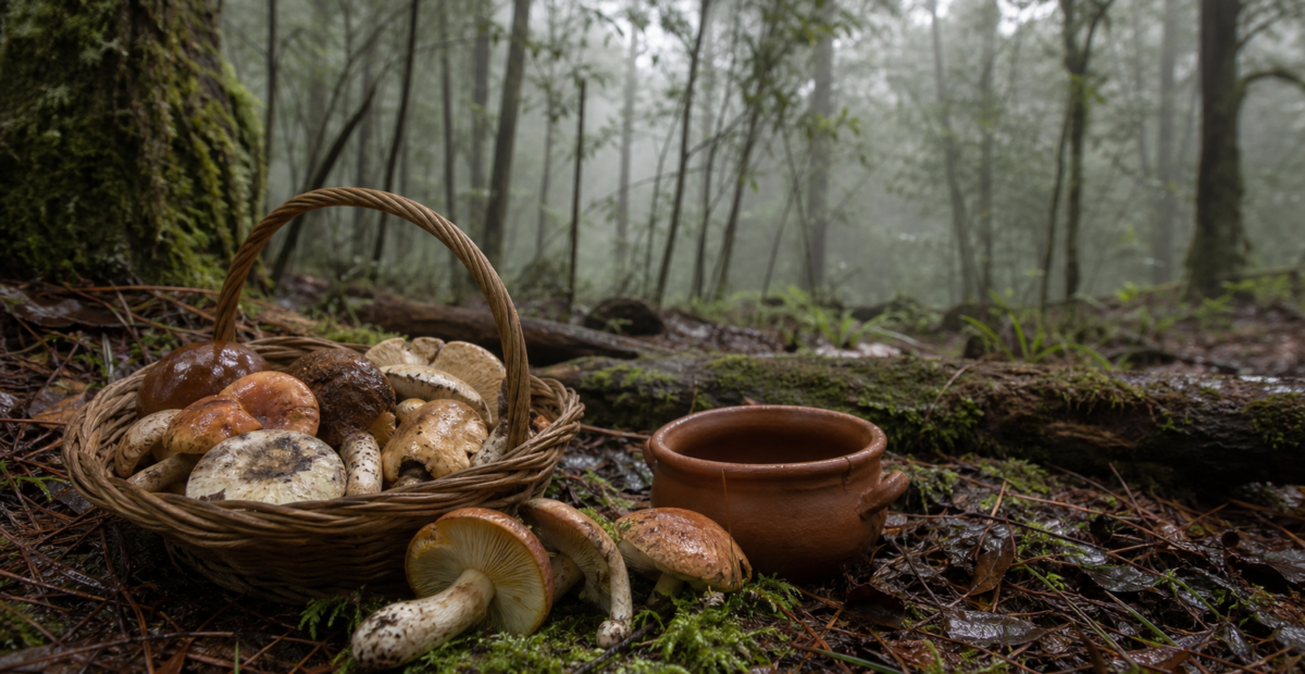 Hongos silvestres en una canasta sobre el suelo de un bosque húmedo de pinos y encinos.