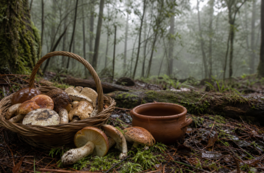Hongos silvestres en una canasta sobre el suelo de un bosque húmedo de pinos y encinos.