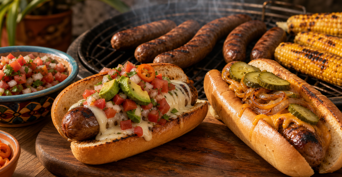 Hot dogs artesanales de res a la parrilla con queso Oaxaca, pico de gallo y pepinillos.