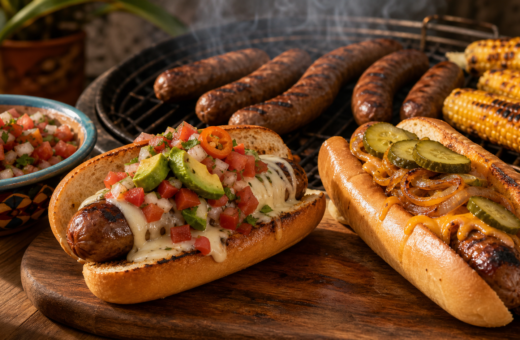 Hot dogs artesanales de res a la parrilla con queso Oaxaca, pico de gallo y pepinillos.