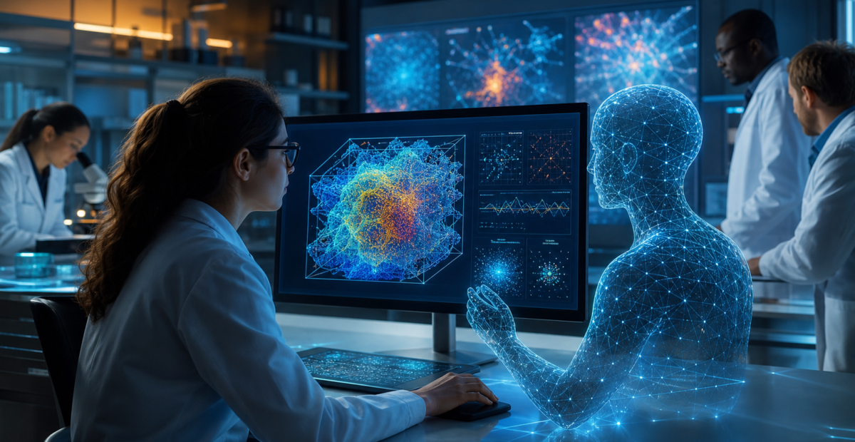 Investigadora analiza una simulación científica con inteligencia artificial en un laboratorio moderno