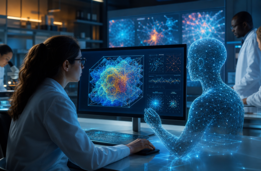 Investigadora analiza una simulación científica con inteligencia artificial en un laboratorio moderno
