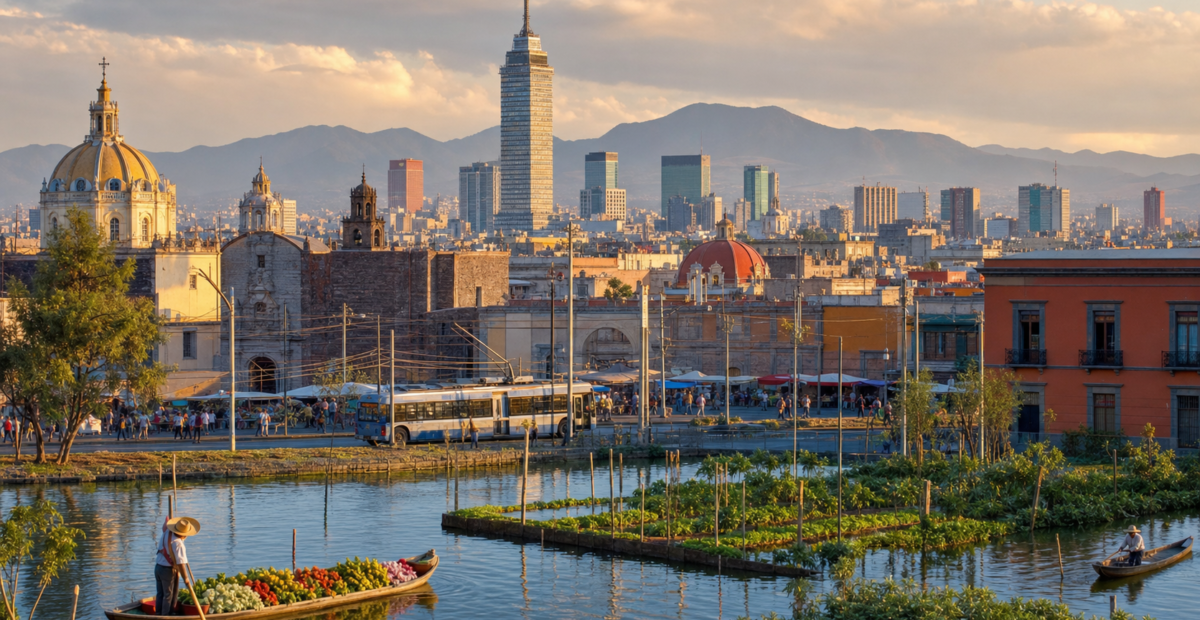 Vista editorial de chinampas, arquitectura histórica y transporte de la Ciudad de México.
