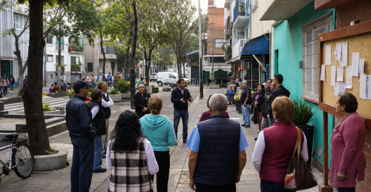 Vecinos de una colonia de la Ciudad de México reunidos para organizar medidas de prevención comunitaria.