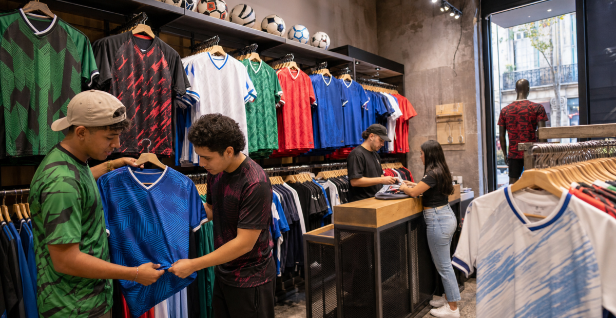 Jerseys deportivos de colores exhibidos en un comercio del Centro Histórico de la Ciudad de México.