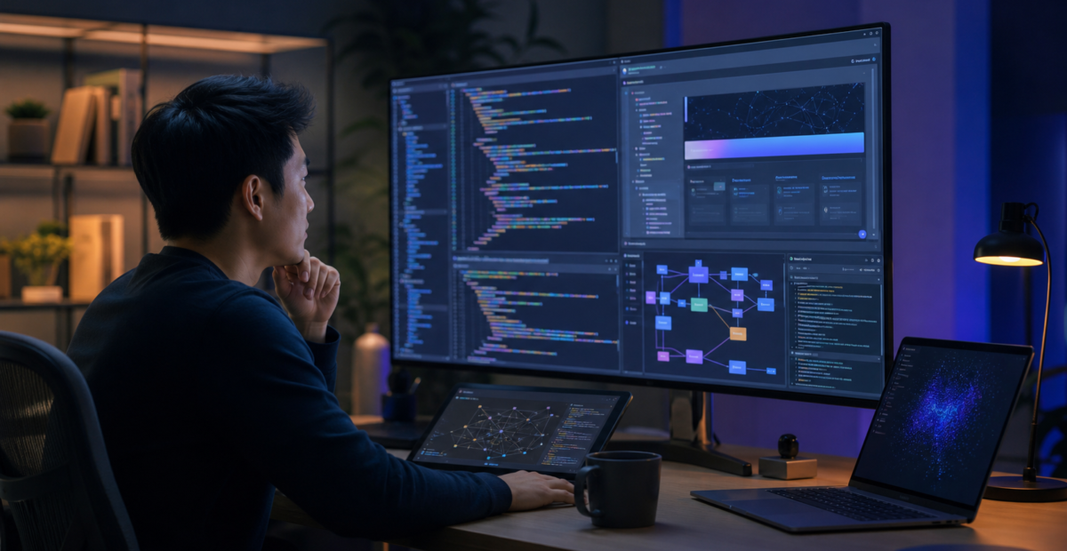 Desarrollador observa un agente de inteligencia artificial trabajando con código, interfaz visual y herramientas de software.