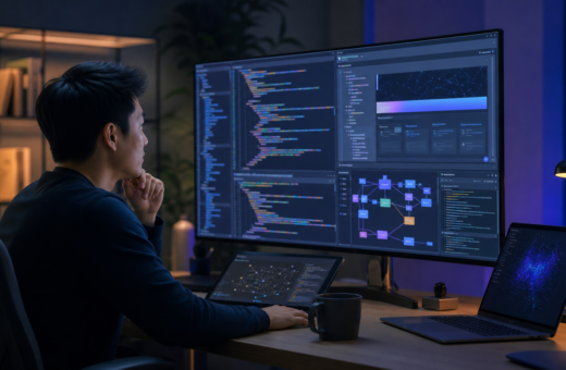 Desarrollador observa un agente de inteligencia artificial trabajando con código, interfaz visual y herramientas de software.