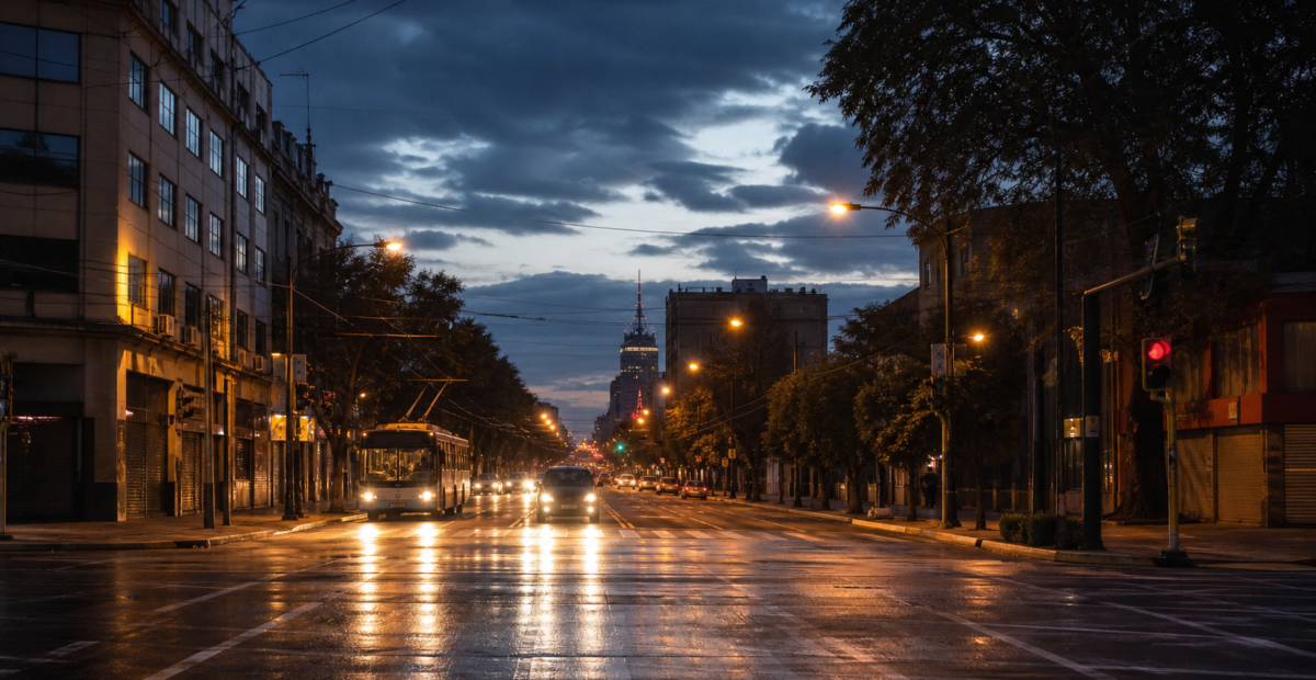 Avenida de la Ciudad de México durante la madrugada, con tránsito y alumbrado urbano.