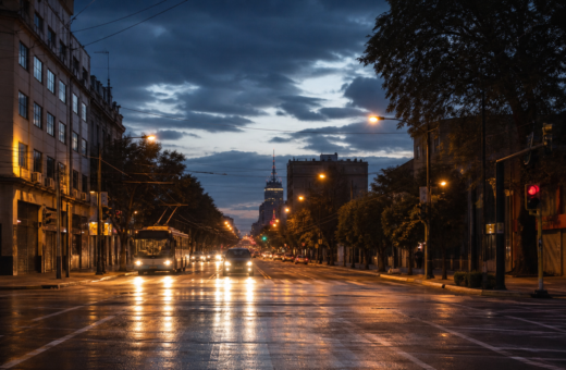 Avenida de la Ciudad de México durante la madrugada, con tránsito y alumbrado urbano.