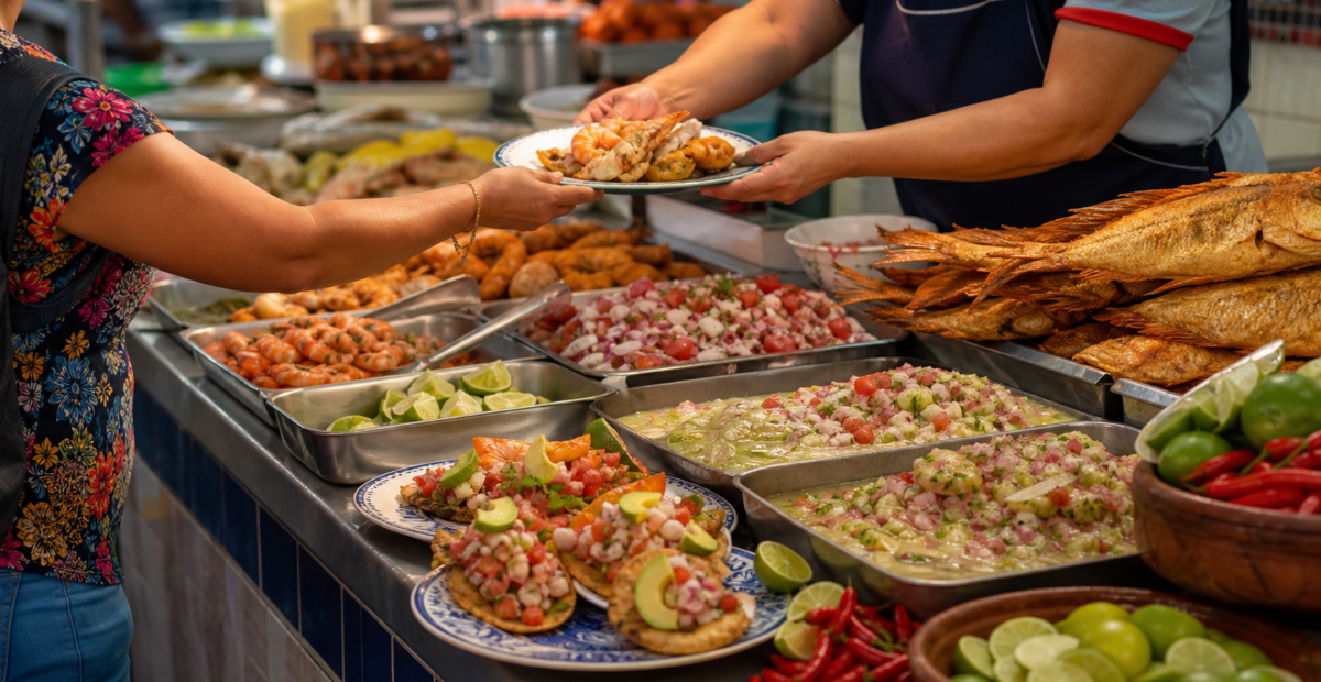 Mariscos, pescados fritos y tostadas servidos en un mercado de la Ciudad de México.