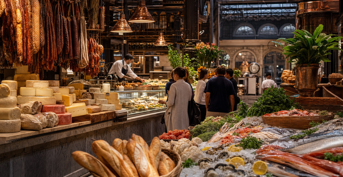 Pasillos del Mercado de San Juan con mariscos, quesos, embutidos y pan artesanal.
