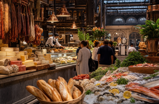 Pasillos del Mercado de San Juan con mariscos, quesos, embutidos y pan artesanal.