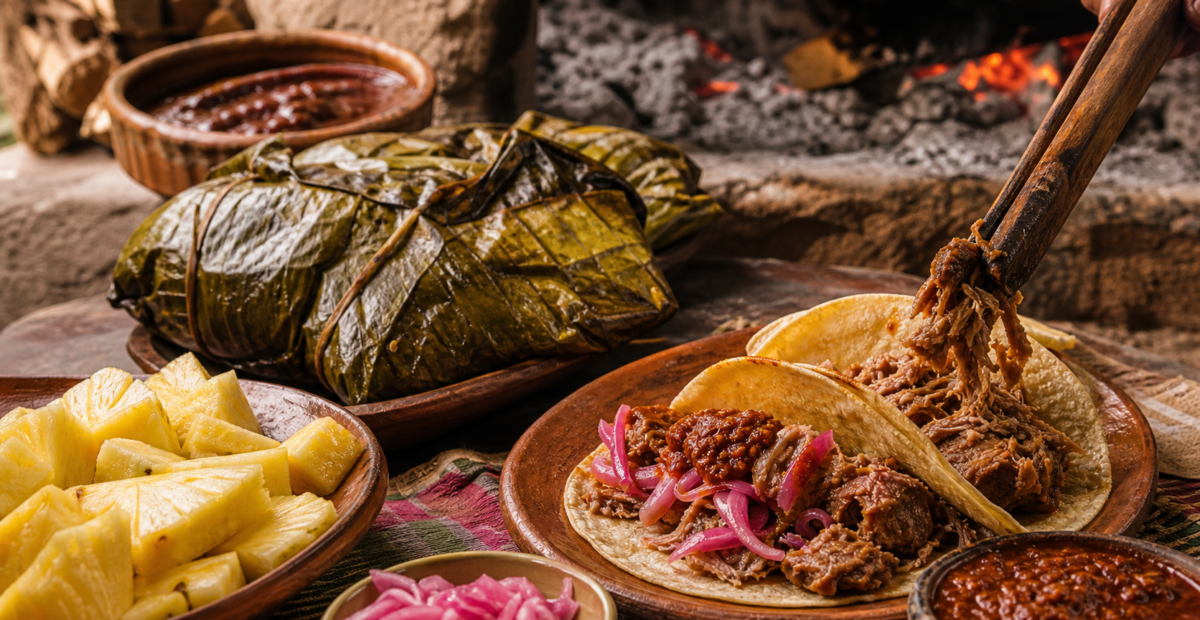 Mixiotes de cordero y cerdo envueltos en hoja de maguey con tacos, salsa tatemada y piña.