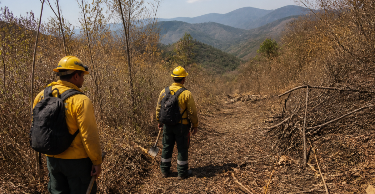 Brigadistas capacitados revisan una zona forestal con herramientas de prevención y equipo de protección personal.