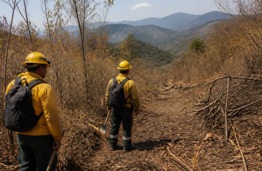 Brigadistas capacitados revisan una zona forestal con herramientas de prevención y equipo de protección personal.