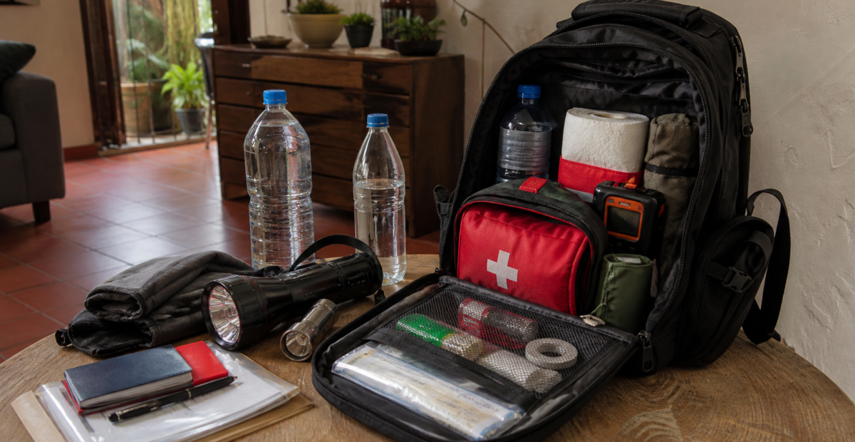 Mochila de emergencia abierta con lámpara, agua, radio, botiquín y documentos protegidos.