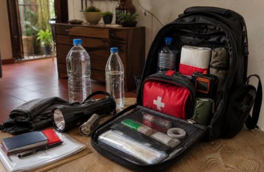 Mochila de emergencia abierta con lámpara, agua, radio, botiquín y documentos protegidos.