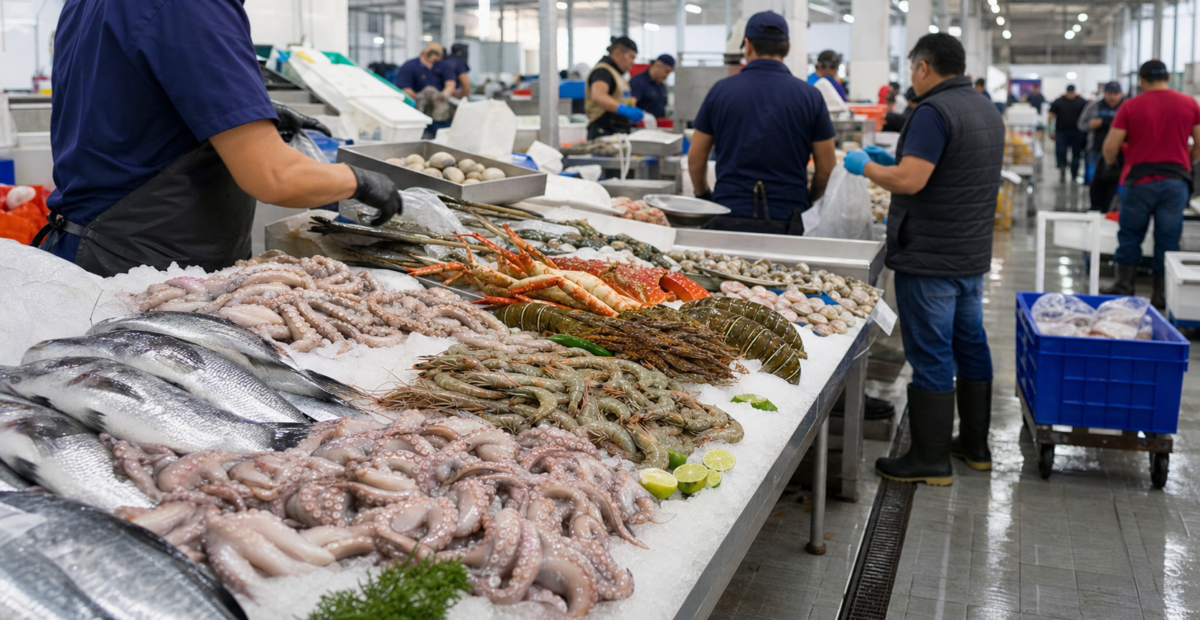 Pescados, camarones y pulpos sobre hielo en un mercado mayorista.