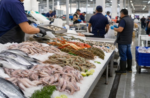 Pescados, camarones y pulpos sobre hielo en un mercado mayorista.