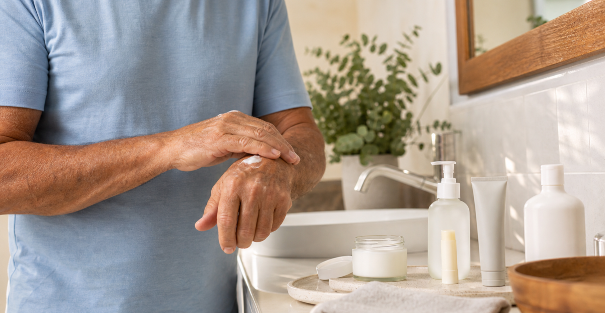 Productos para una rutina de cuidado facial y bienestar masculino después de los 60.