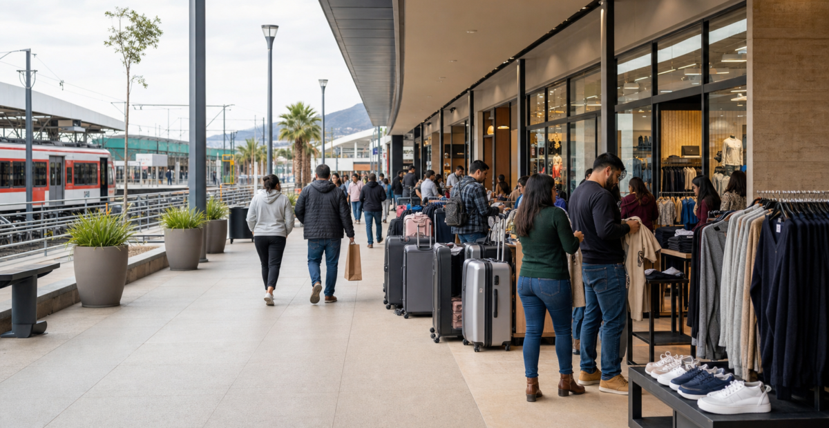 Compradores recorren un outlet cercano a una estación de tren en Lerma.
