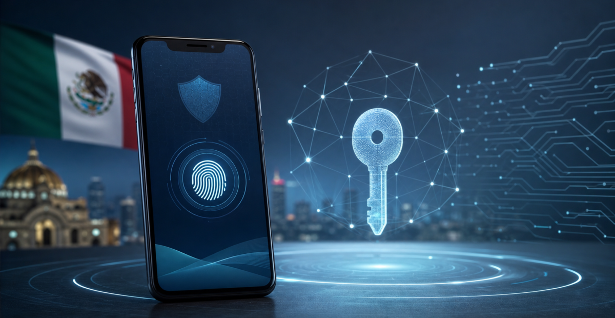 Teléfono inteligente con autenticación biométrica y elementos abstractos de seguridad criptográfica.