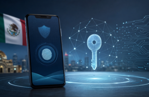 Teléfono inteligente con autenticación biométrica y elementos abstractos de seguridad criptográfica.