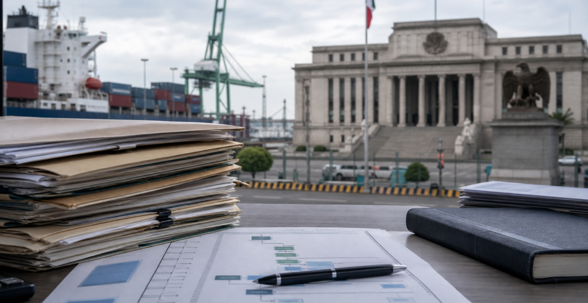 Documentos de investigación y registros financieros desenfocados frente a infraestructura portuaria mexicana.