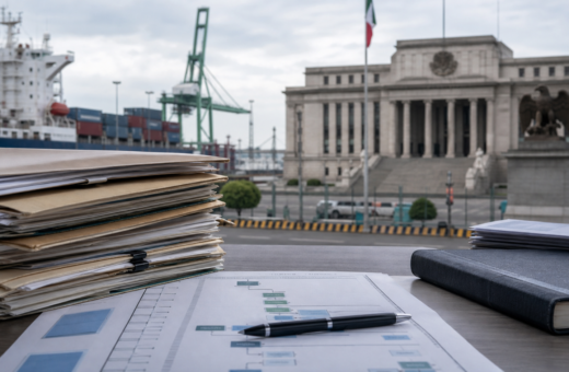Documentos de investigación y registros financieros desenfocados frente a infraestructura portuaria mexicana.