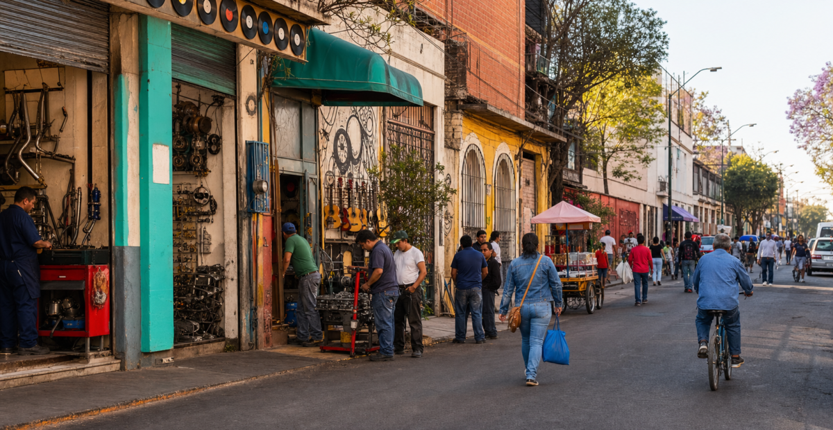 Calle de Peralvillo con talleres de autopartes y actividad comunitaria en la Ciudad de México.