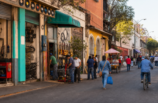 Calle de Peralvillo con talleres de autopartes y actividad comunitaria en la Ciudad de México.