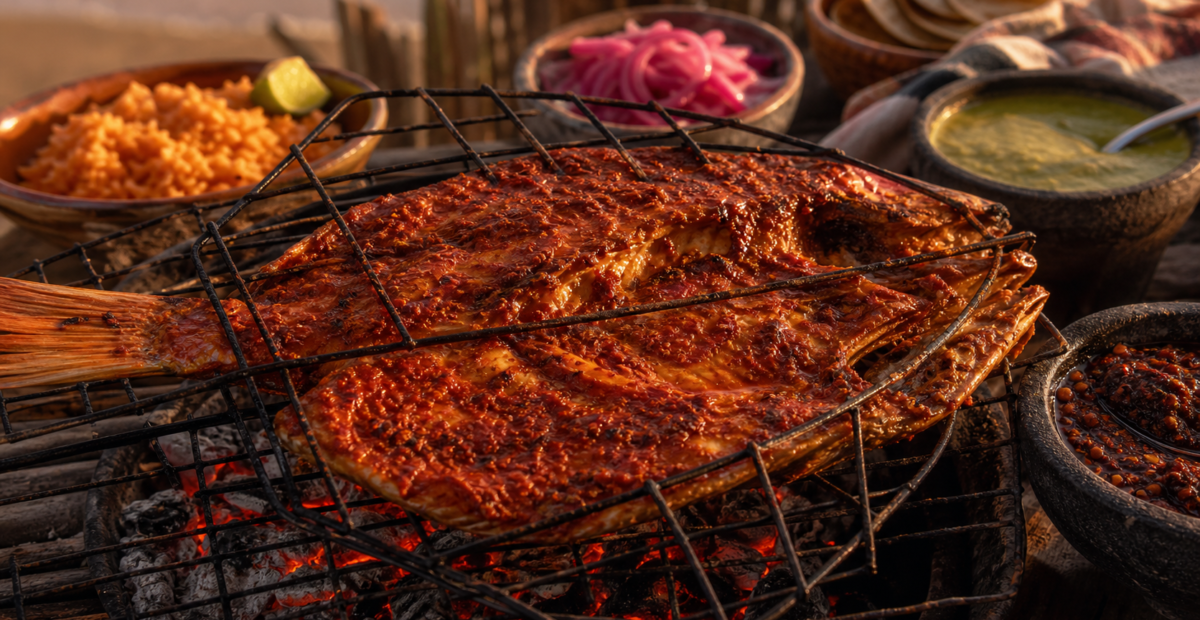 Huachinango zarandeado abierto en mariposa sobre una parrilla de carbón con arroz rojo y salsas mexicanas.