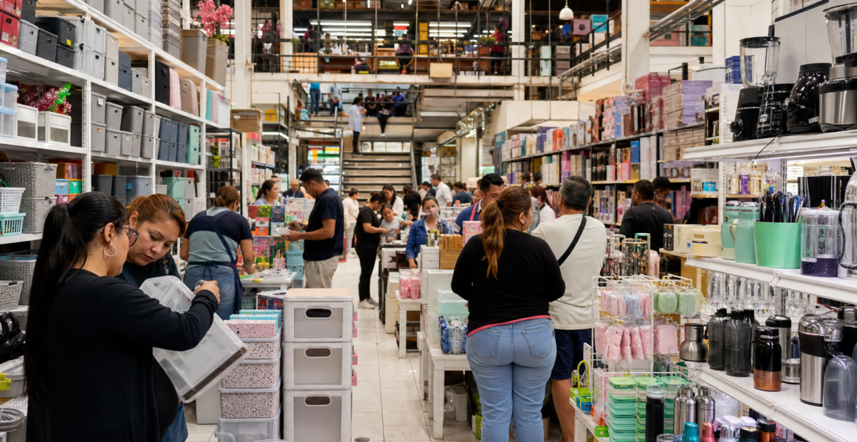 Productos de hogar, cocina, belleza y tecnología exhibidos en un mercado mayorista del Centro Histórico.