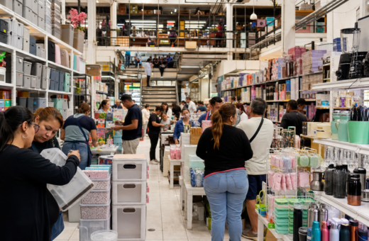 Productos de hogar, cocina, belleza y tecnología exhibidos en un mercado mayorista del Centro Histórico.