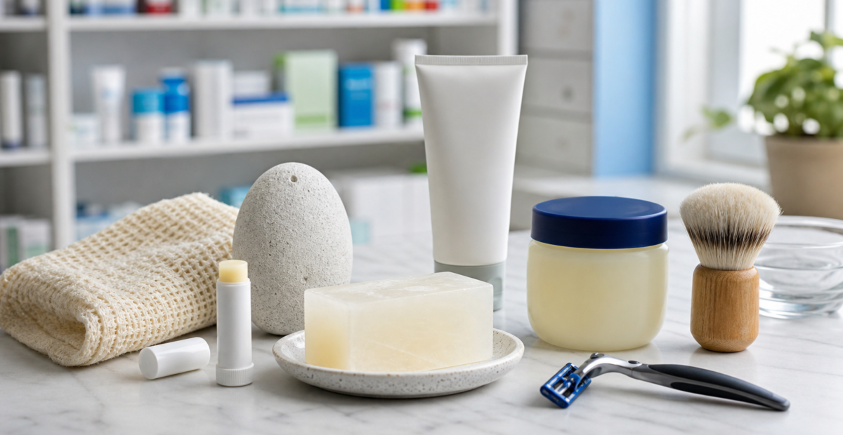 Productos básicos de farmacia para el cuidado personal organizados sobre un mostrador.