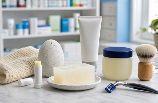 Productos básicos de farmacia para el cuidado personal organizados sobre un mostrador.
