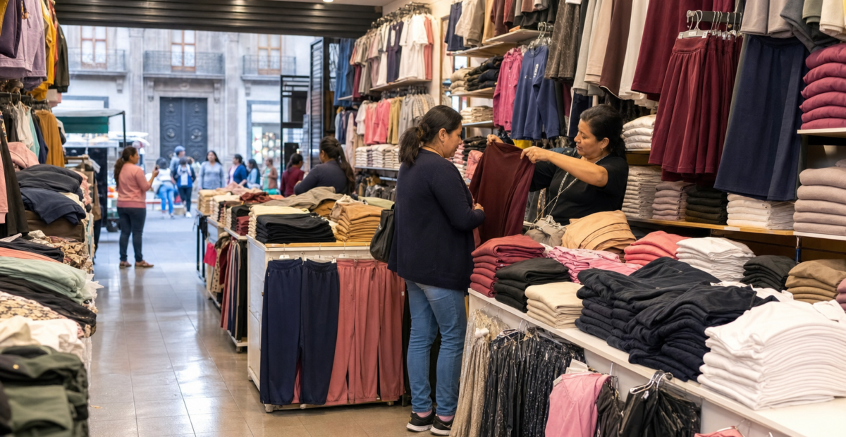 Prendas de ropa dobladas y exhibidas en una tienda mayorista del Centro Histórico.