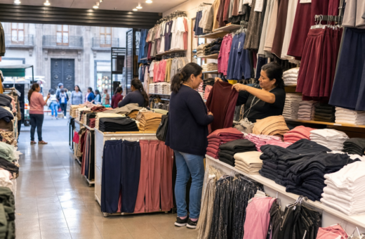 Prendas de ropa dobladas y exhibidas en una tienda mayorista del Centro Histórico.