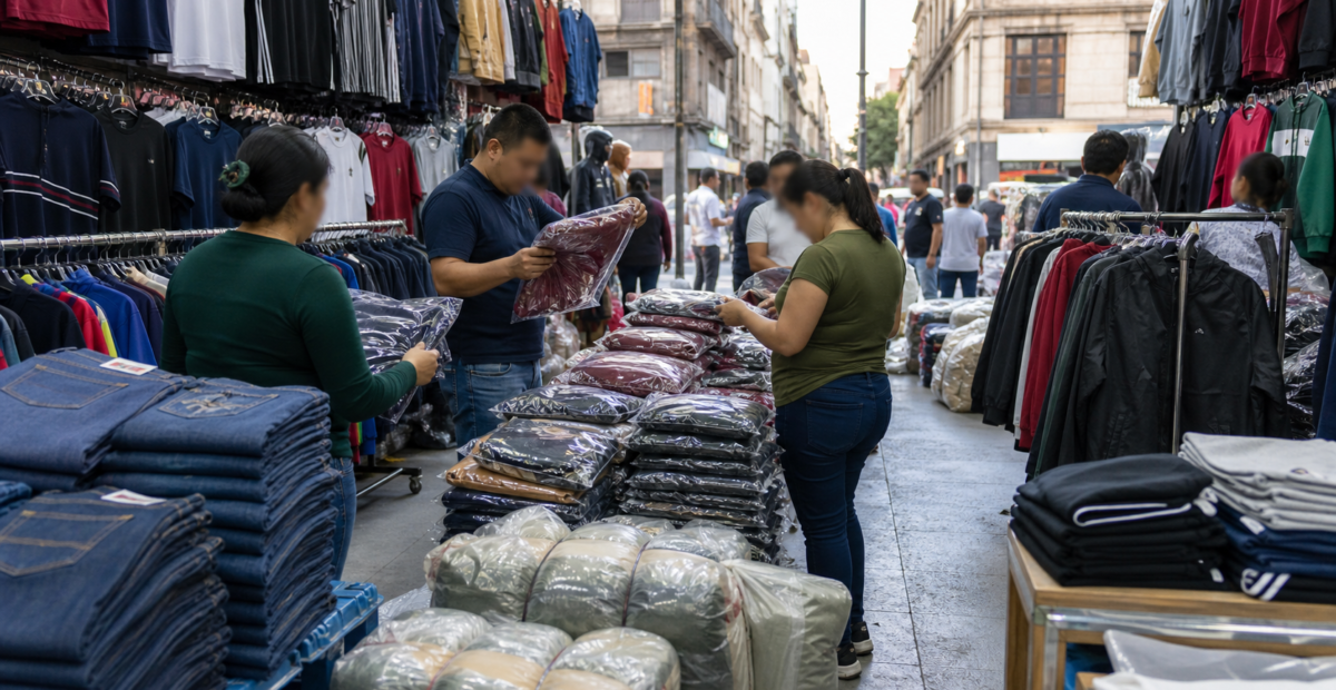 Ropa empacada y exhibida para venta por mayoreo en el Centro Histórico.