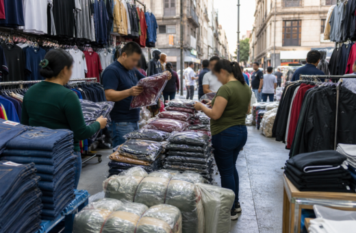 Ropa empacada y exhibida para venta por mayoreo en el Centro Histórico.