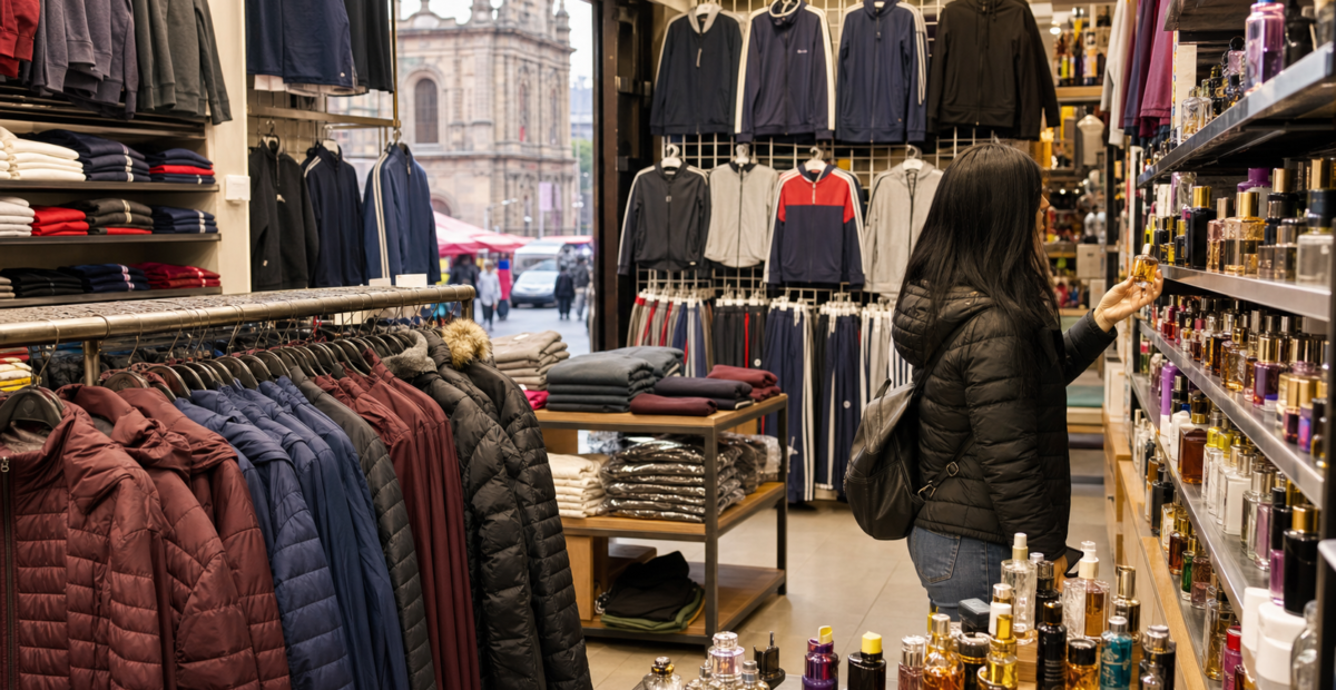 Ropa de temporada y frascos de perfumería exhibidos en una tienda mayorista del Centro Histórico.