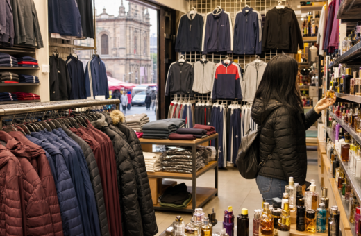 Ropa de temporada y frascos de perfumería exhibidos en una tienda mayorista del Centro Histórico.