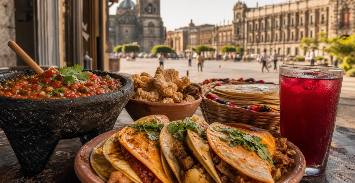 Tacos y antojitos mexicanos frente al Zócalo del Centro Histórico de la Ciudad de México.