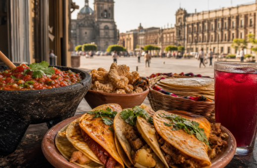 Tacos y antojitos mexicanos frente al Zócalo del Centro Histórico de la Ciudad de México.